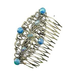 Blue iridescent faux crystal pearl 3.5” antique side comb handmade accessories